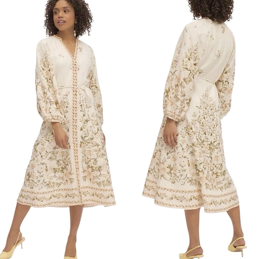 Calypso St. Barth Floral Long Sleeve Linen Blend Midi Dress in Cream White